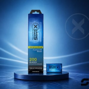 Blue box packaging for Super Shave X premium DE blades (200 blades) with a small matching blue case on a round display pedestal.