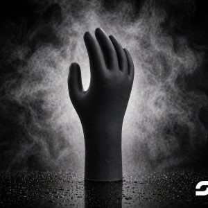 Black rubber glove stands upright on a wet surface with smoky fog in a dark studio; SIZO logo in the bottom-right corner.