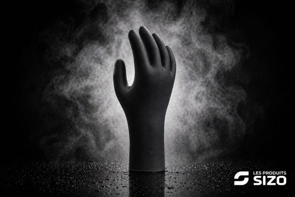 Showa gant nitrile sizo - Les Produits Sizo Black rubber glove stands upright on a wet surface with smoky fog in a dark studio; SIZO logo in the bottom-right corner.