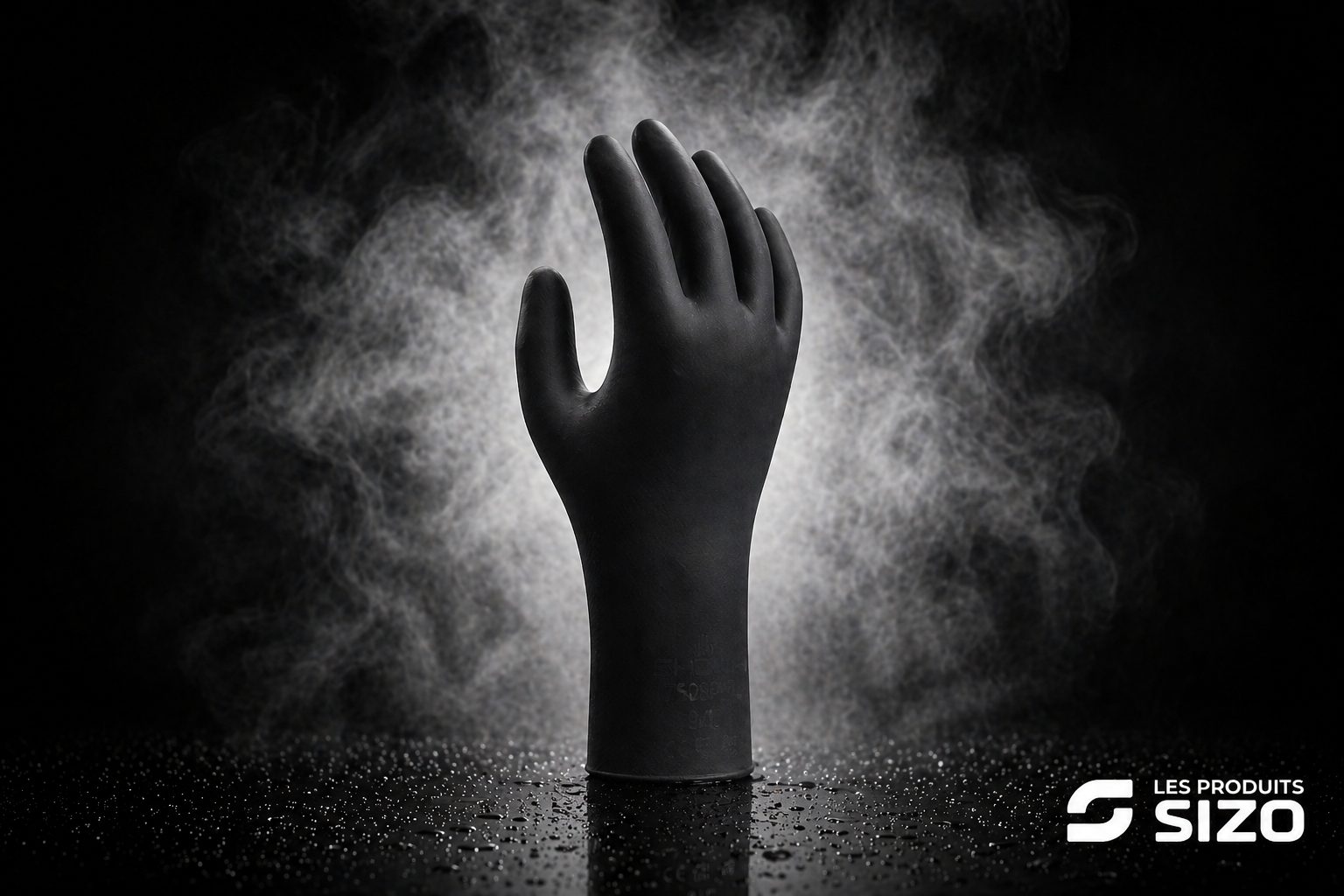 Black rubber glove stands upright on a wet surface with smoky fog in a dark studio; SIZO logo in the bottom-right corner.